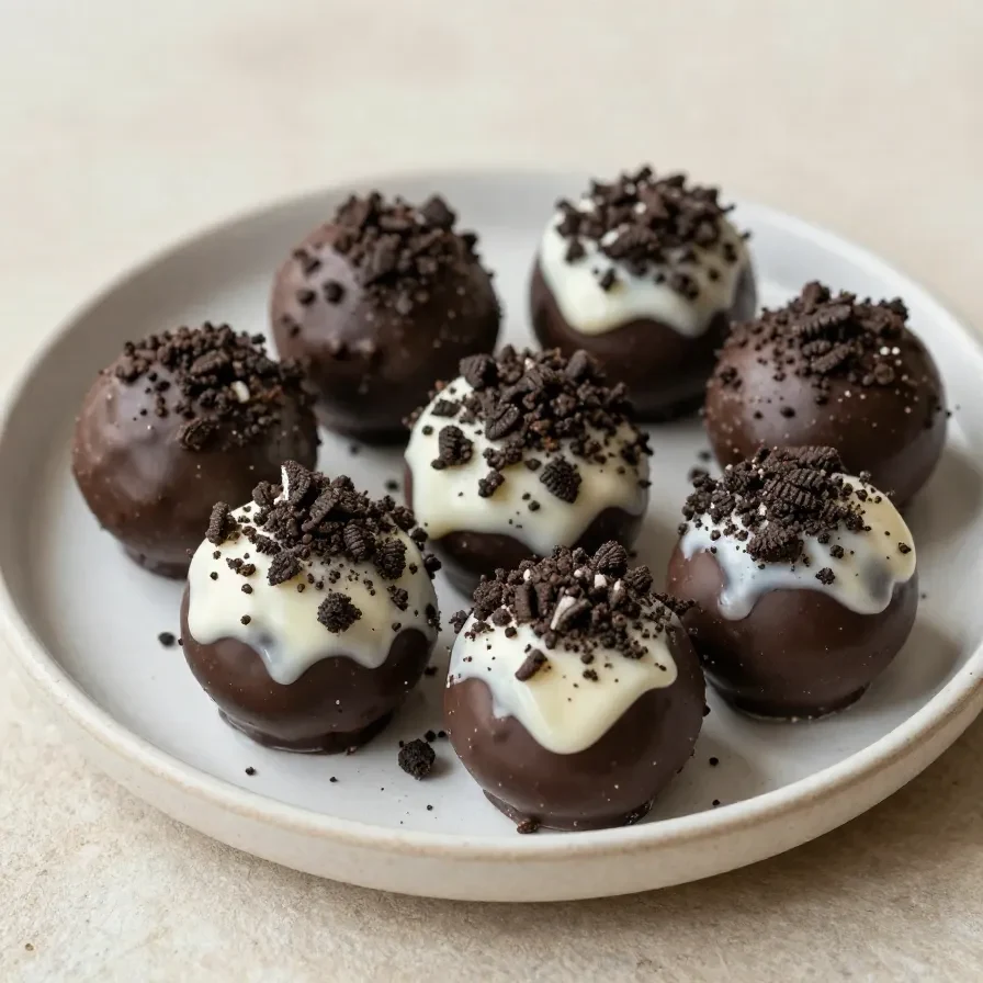 Close-up of Oreo balls on a white plate, drizzled with chocolate.