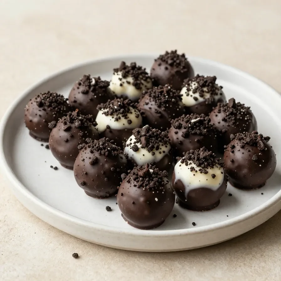 Close-up of Oreo balls on a white plate, drizzled with chocolate.