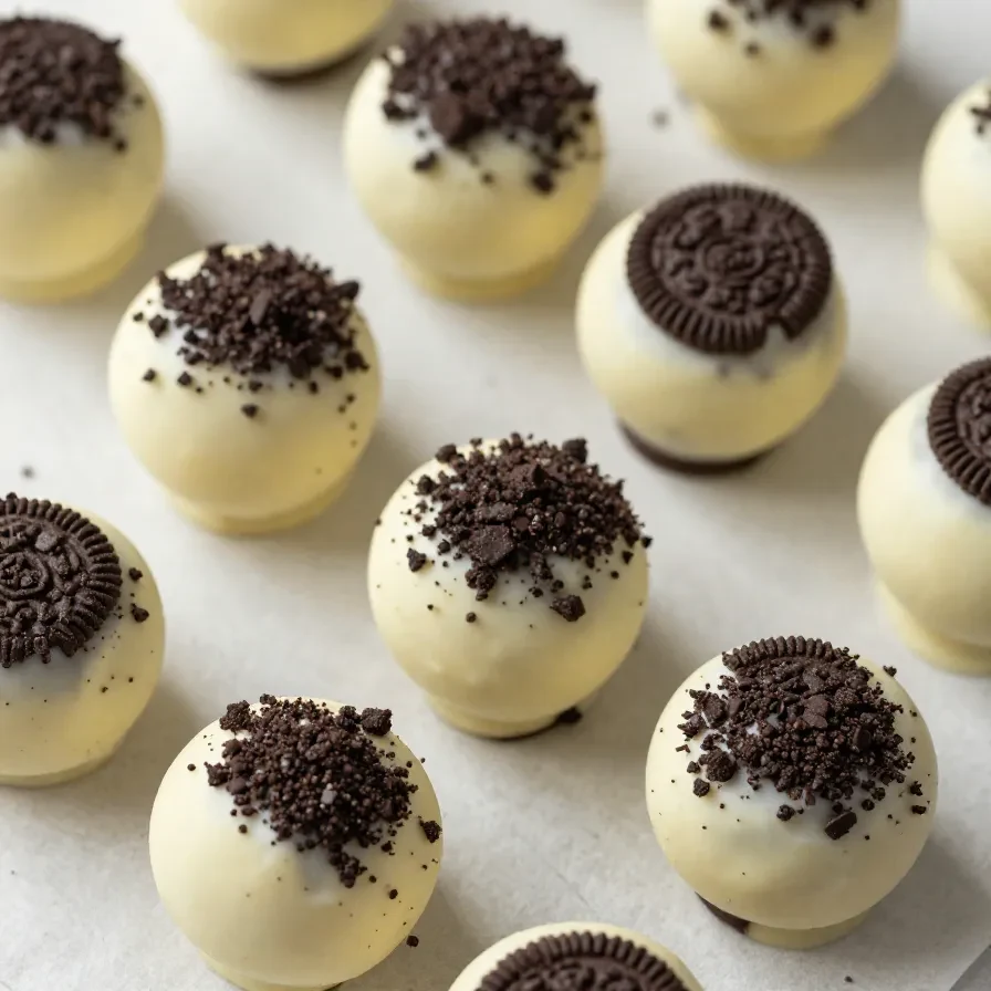 A plate of homemade Oreo truffles coated in chocolate and topped with cookie crumbs.