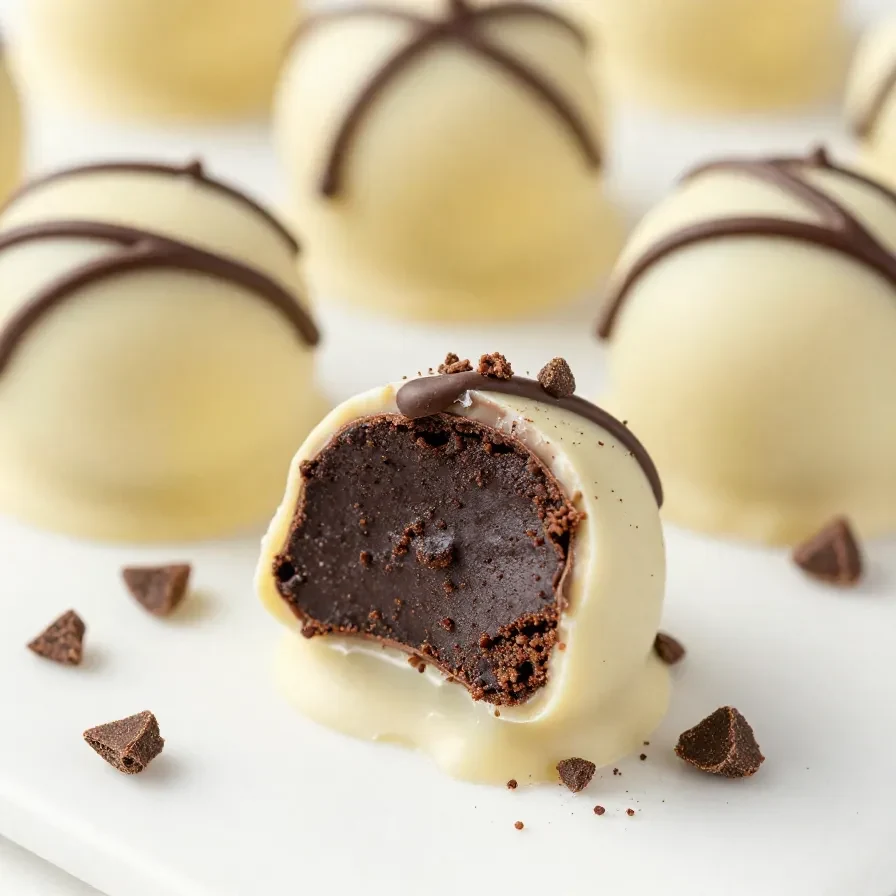 Close-up of no bake Oreo truffles arranged on a white plate.