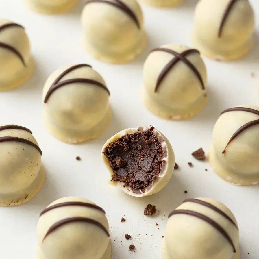 Close-up of no bake Oreo truffles arranged on a white plate.