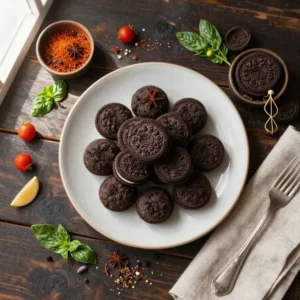 A plate of homemade Oreo truffles covered in chocolate, arranged neatly on a white dish.