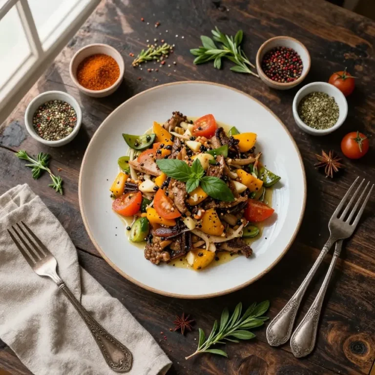 A beautifully set dining table with a hearty Father's Day dinner spread, including roasted meat and fresh vegetables.