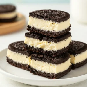 Close-up of Oreo cheesecake bites arranged on a white plate.