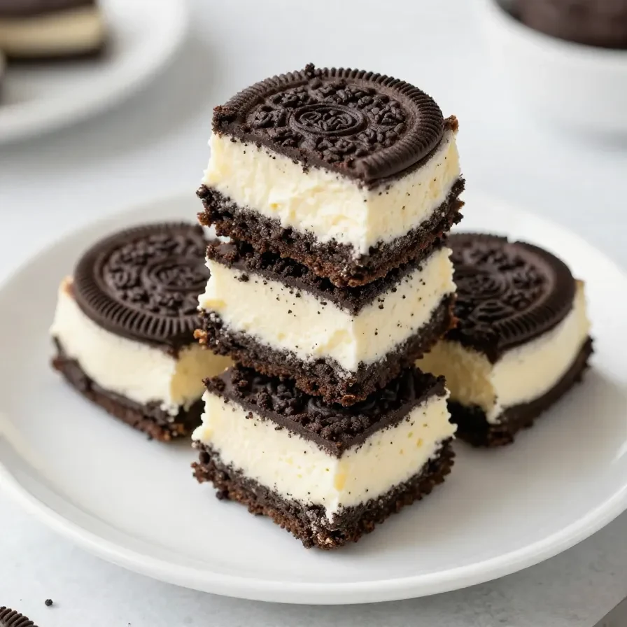 Close-up of Oreo cheesecake bites arranged on a white plate.