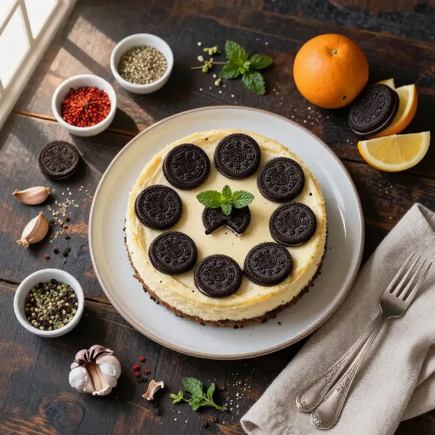 A slice of creamy no-bake Oreo cheesecake topped with crushed Oreos on a white plate.