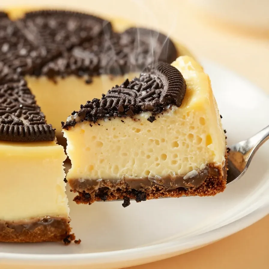 A slice of creamy no-bake Oreo cheesecake topped with crushed Oreos on a white plate.