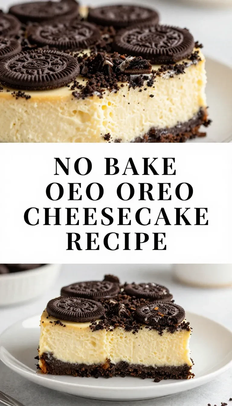 A slice of creamy no-bake Oreo cheesecake topped with crushed Oreos on a white plate.