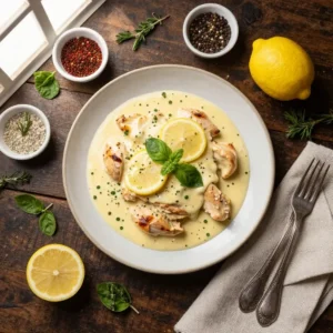 A close-up of creamy lemon butter chicken served in a skillet, garnished with fresh parsley.