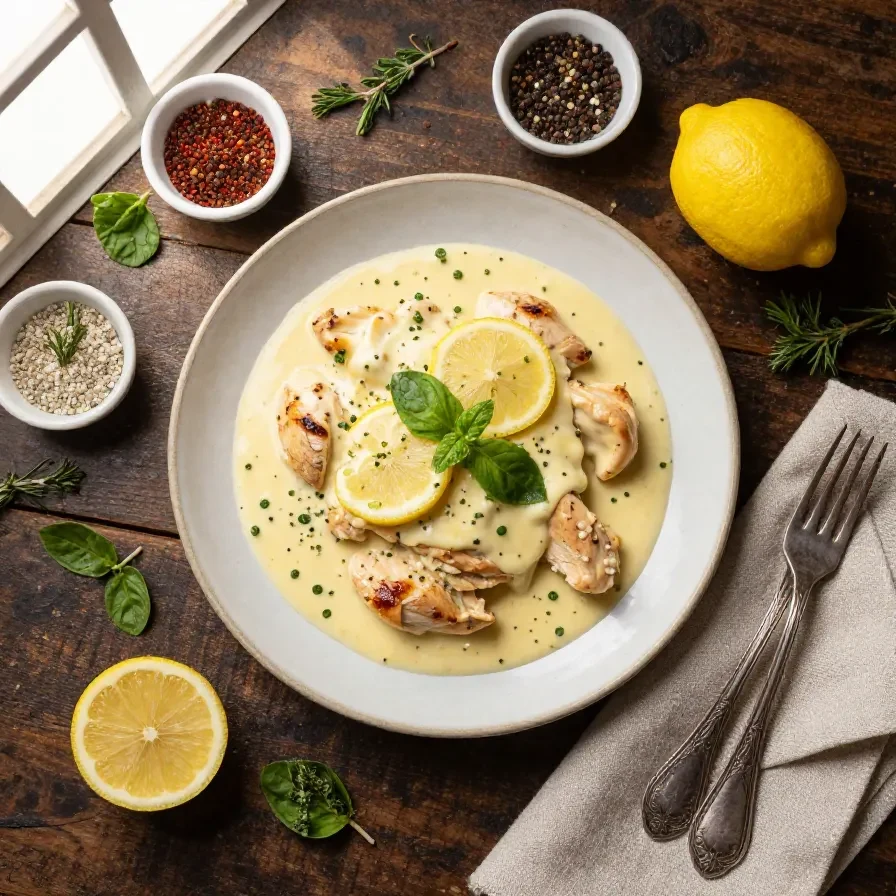 A close-up of creamy lemon butter chicken served in a skillet, garnished with fresh parsley.