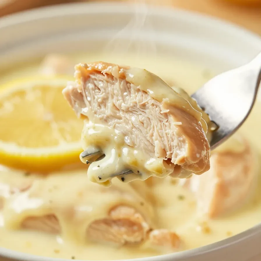 A close-up of creamy lemon butter chicken served in a skillet, garnished with fresh parsley.
