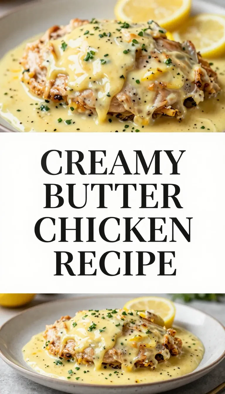 A close-up of creamy lemon butter chicken served in a skillet, garnished with fresh parsley.