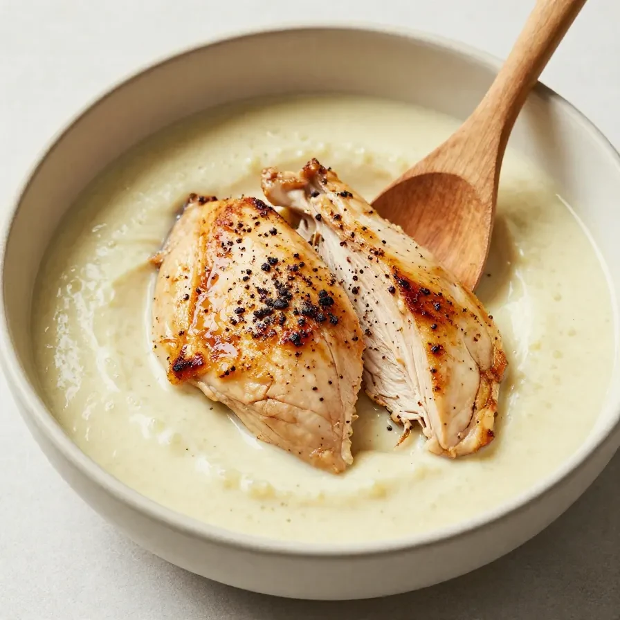 A bowl of creamy garlic sauce with fresh parsley garnish.