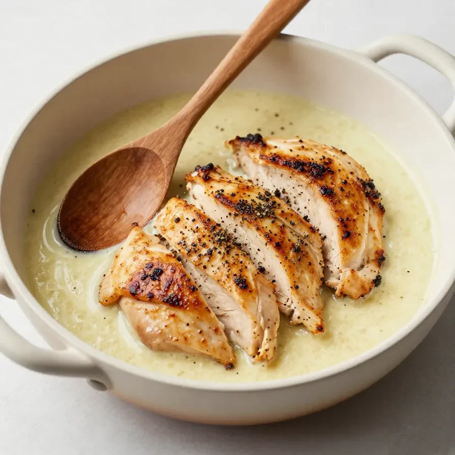 A bowl of creamy garlic sauce with fresh parsley garnish.