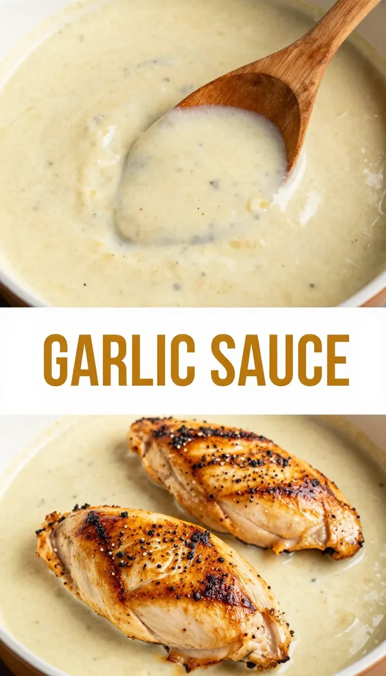 A bowl of creamy garlic sauce with fresh parsley garnish.