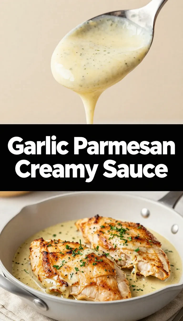A close-up view of creamy garlic parmesan sauce in a white bowl, garnished with parsley.