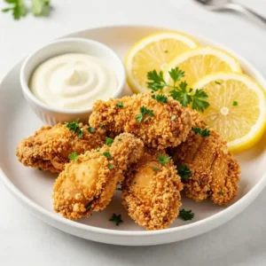 A plate of lemon chicken served with a rich lemon butter sauce, garnished with fresh parsley.