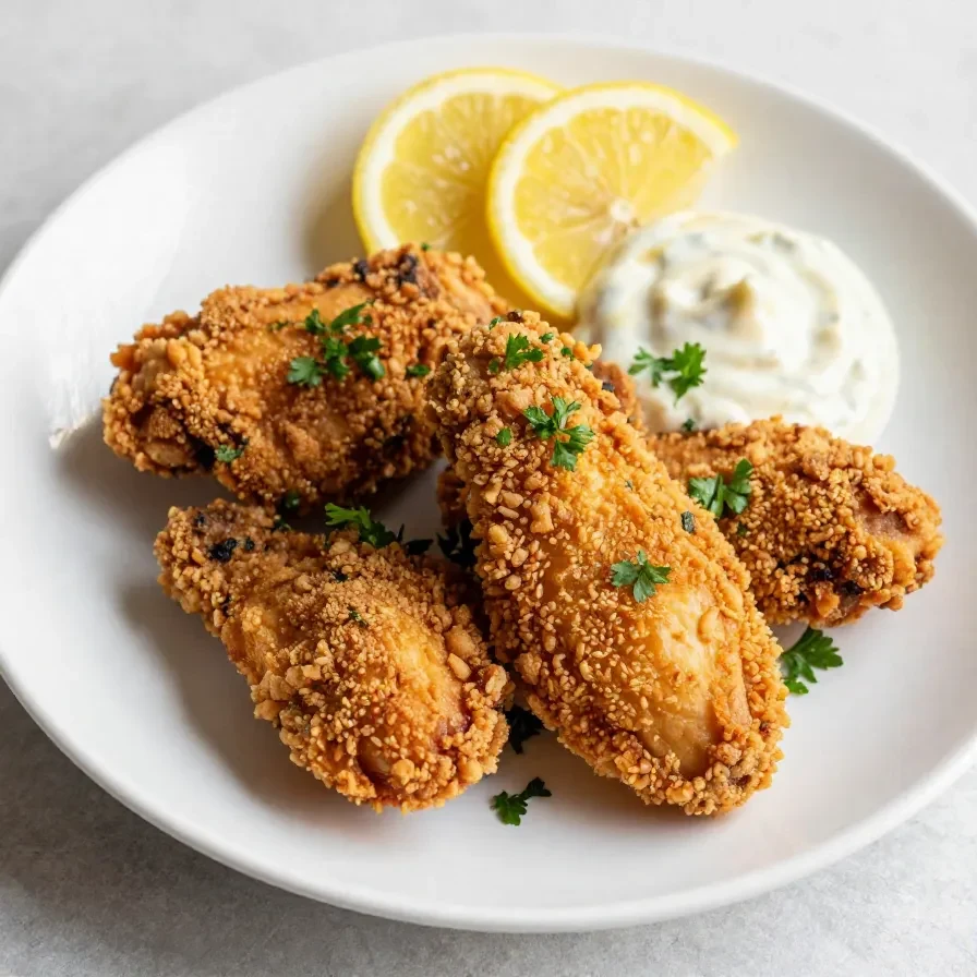 A plate of lemon chicken served with a rich lemon butter sauce, garnished with fresh parsley.