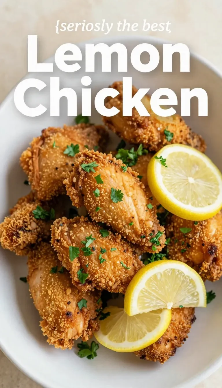 A plate of lemon chicken served with a rich lemon butter sauce, garnished with fresh parsley.