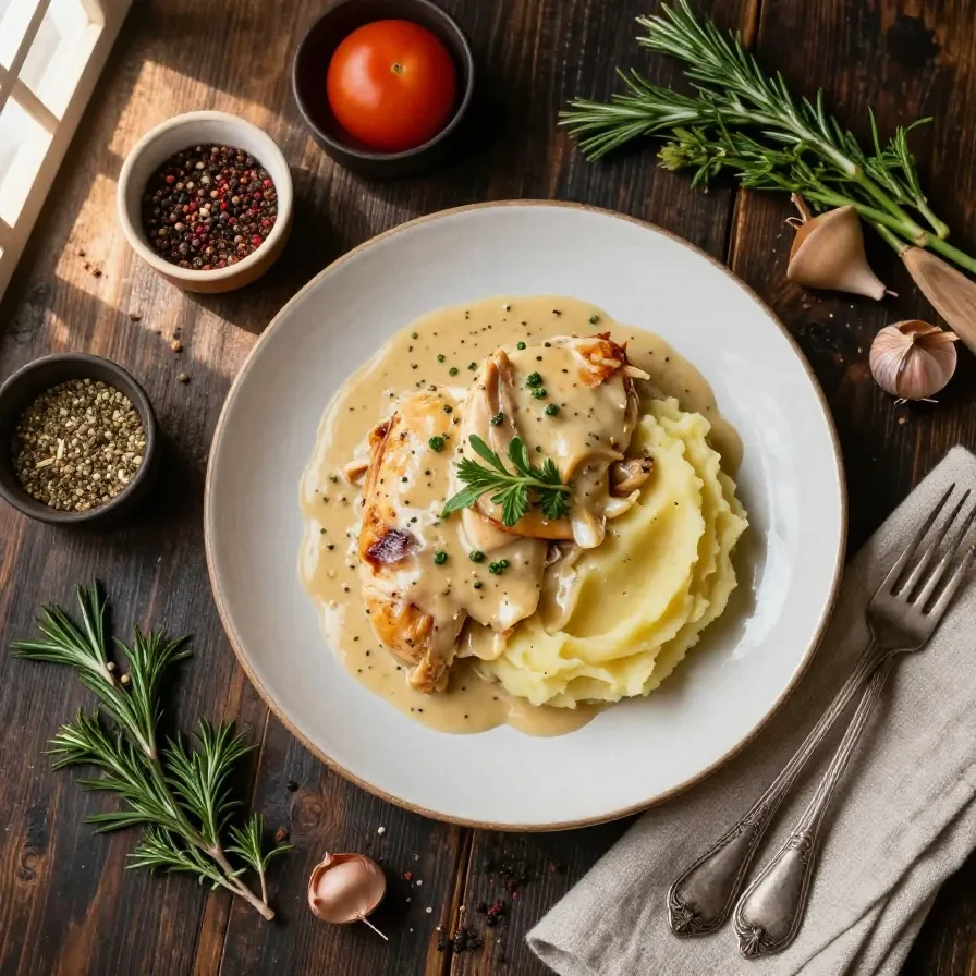 A plate of creamy garlic chicken served with rich gravy and fluffy mashed potatoes.