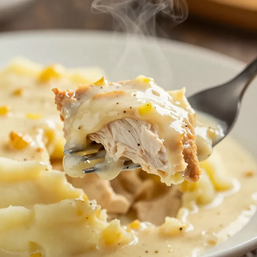 A plate of creamy garlic chicken served with rich gravy and fluffy mashed potatoes.