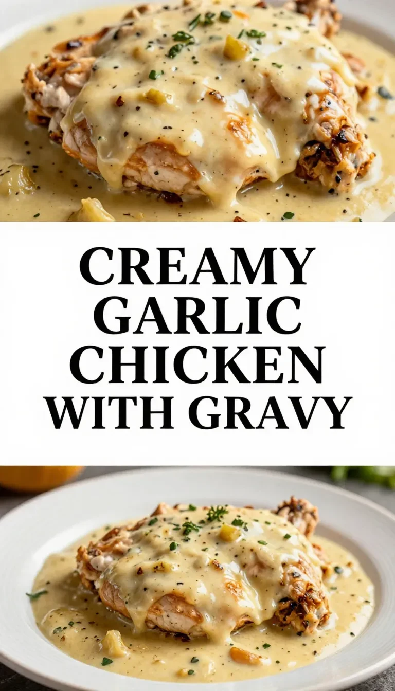 A plate of creamy garlic chicken served with rich gravy and fluffy mashed potatoes.