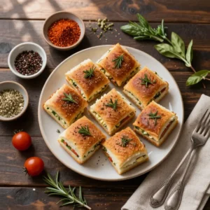 A tray of golden-brown French dip sliders on a baking sheet, topped with melted cheese and parsley, with a small bowl of au jus dipping sauce on the side.