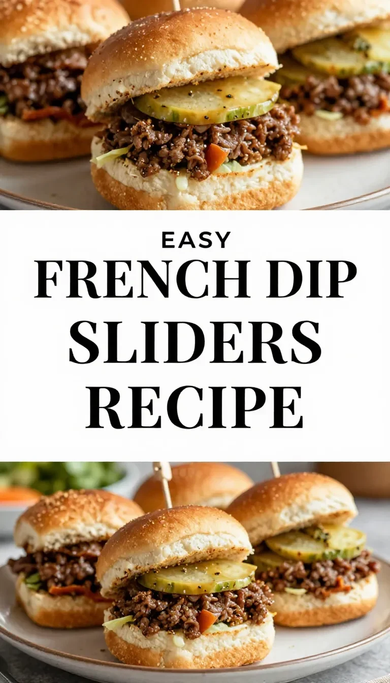 A tray of golden-brown French dip sliders on a baking sheet, topped with melted cheese and parsley, with a small bowl of au jus dipping sauce on the side.
