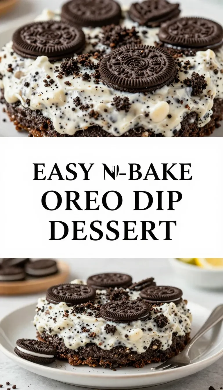 A creamy Oreo cookie dip in a white bowl topped with crushed Oreos, surrounded by whole Oreo cookies on a marble surface, perfect for a Super Bowl dessert.
