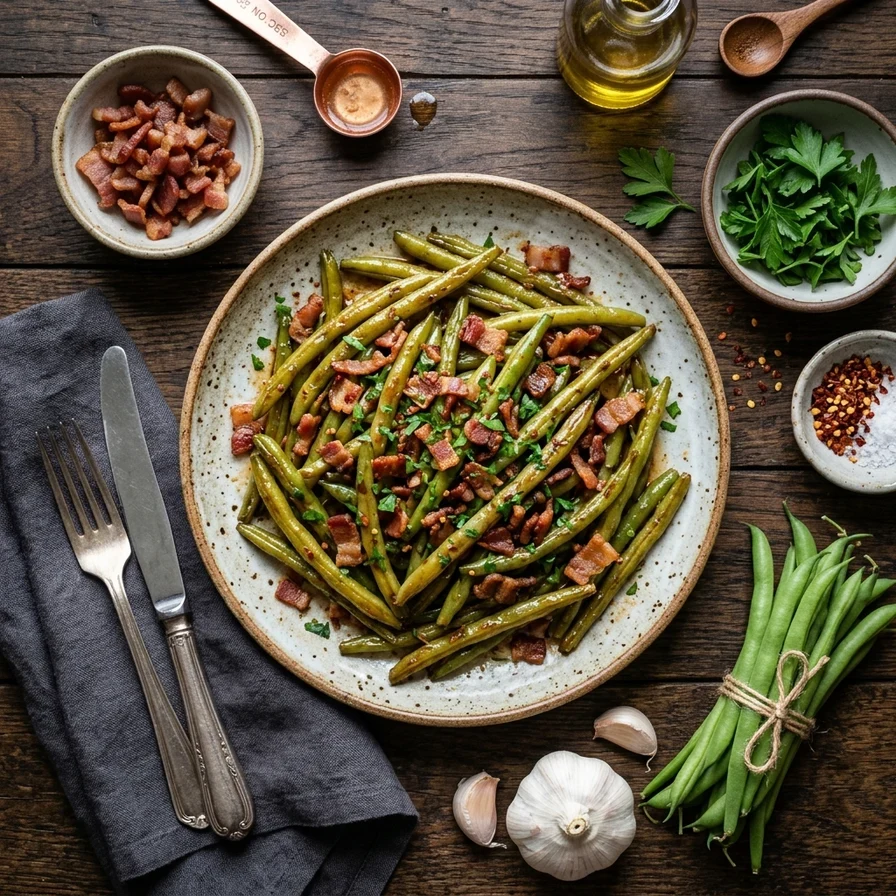Oven-baked green beans tossed with crispy chopped bacon and a savory brown sugar glaze in a white baking dish.