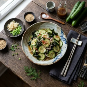 A small ceramic bowl filled with thinly sliced Japanese cucumber salad topped with toasted white sesame seeds.