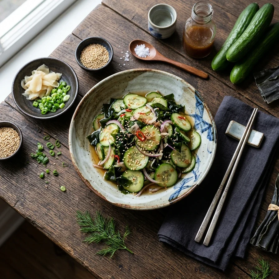 A small ceramic bowl filled with thinly sliced Japanese cucumber salad topped with toasted white sesame seeds.