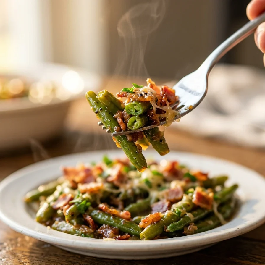 Oven-baked green beans tossed with crispy chopped bacon and a savory brown sugar glaze in a white baking dish.