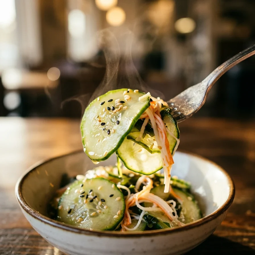 A small ceramic bowl filled with thinly sliced Japanese cucumber salad topped with toasted white sesame seeds.