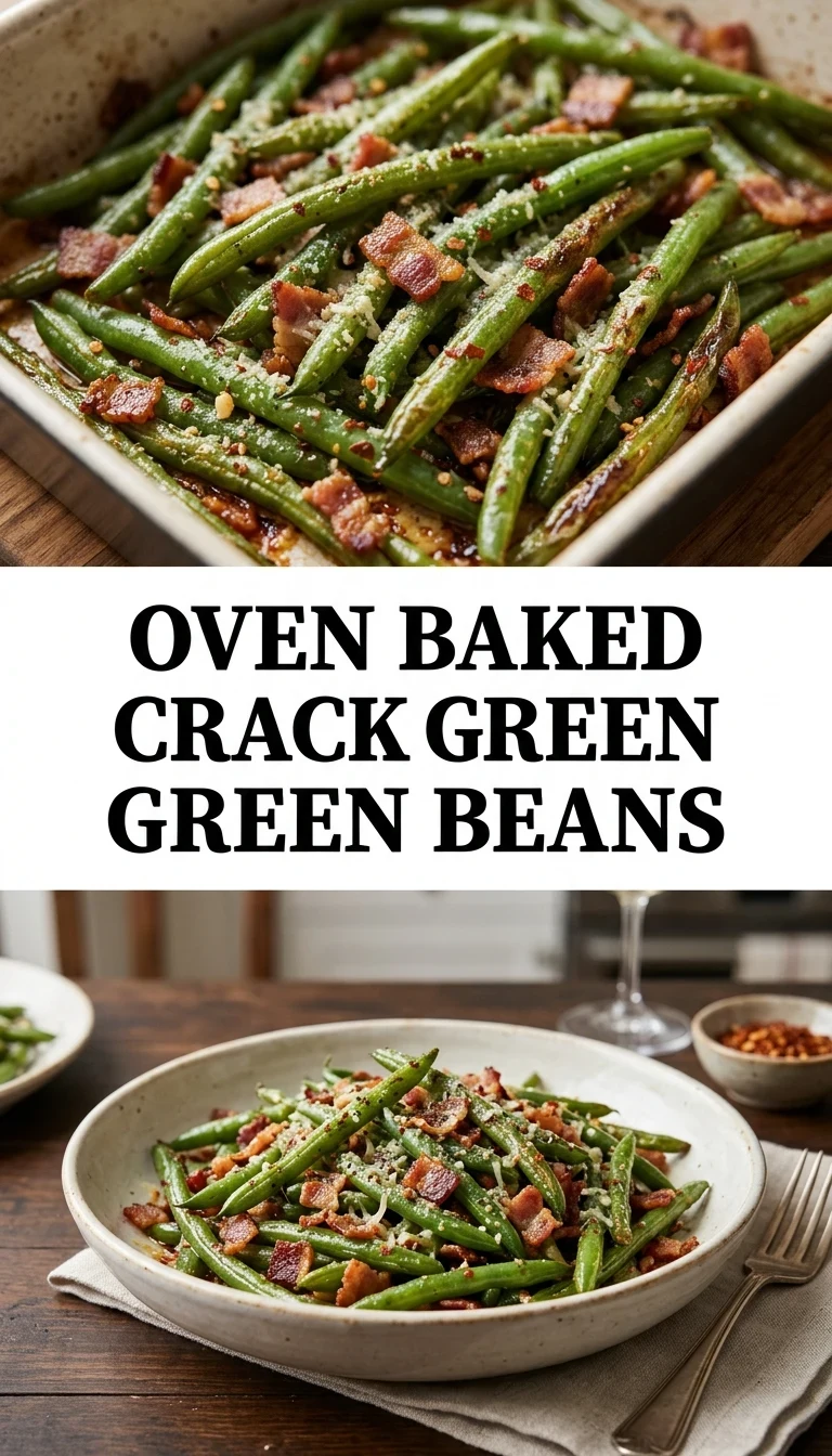 Oven-baked green beans tossed with crispy chopped bacon and a savory brown sugar glaze in a white baking dish.