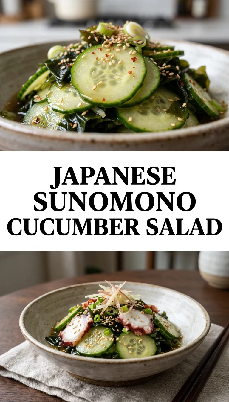 A small ceramic bowl filled with thinly sliced Japanese cucumber salad topped with toasted white sesame seeds.